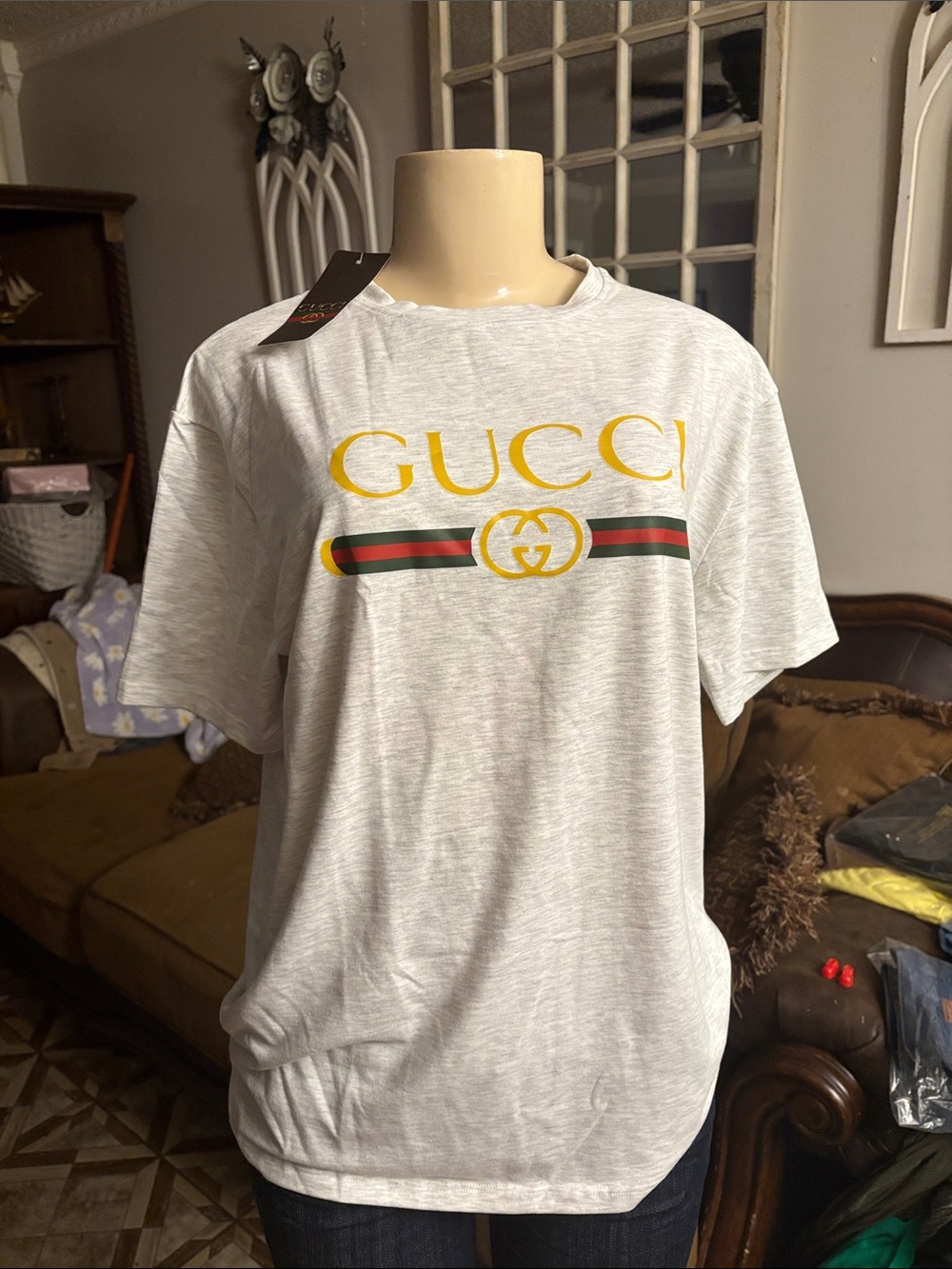 Gucci White Logo Tee with Yellow and Green-Red Stripe